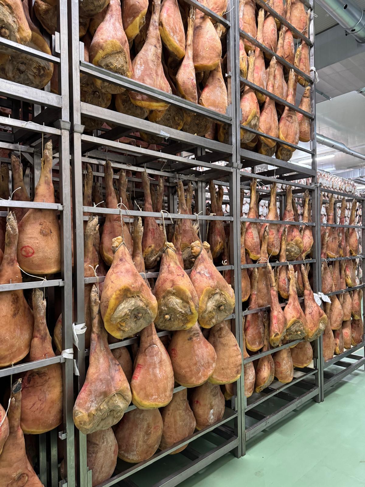 Prosciutti in stagionatura nei magazzini Fresco service