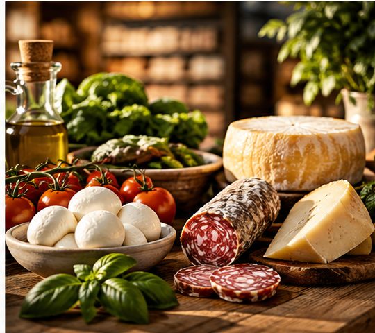 Salumi, formaggi e verdure su un tavolo